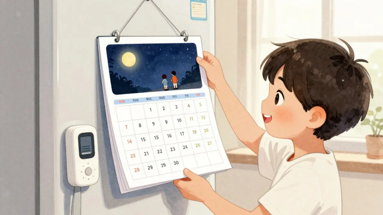 Dítě ukazuje kalendář úspěšných nocí bez močení v posteli.