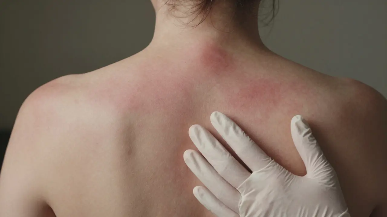 Dospělý s plochou vyrážkou na zádech a zvětšenými, citlivými lymfatickými uzlinami za ušima.