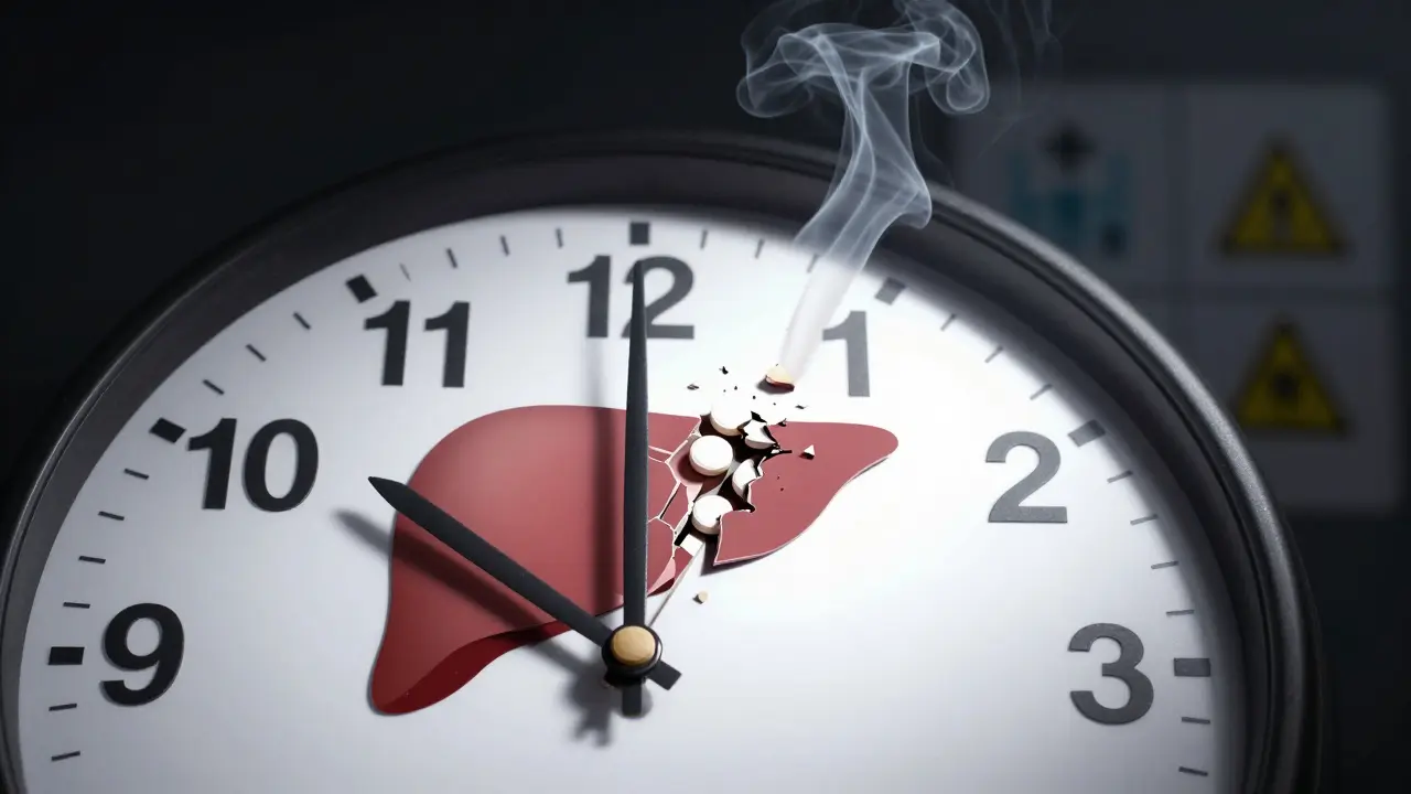 Hodiny ukazují půlnoc, čtvrtá tableta se rozpadá na kusy tvaru poškozeného jater.