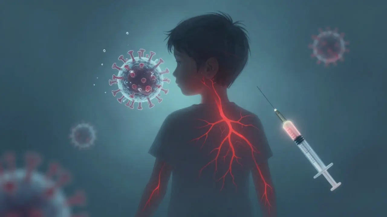 Kontur dítěte s červenou sítí vyrážky a průběhem viru, v pozadí očkovací stříkačka.