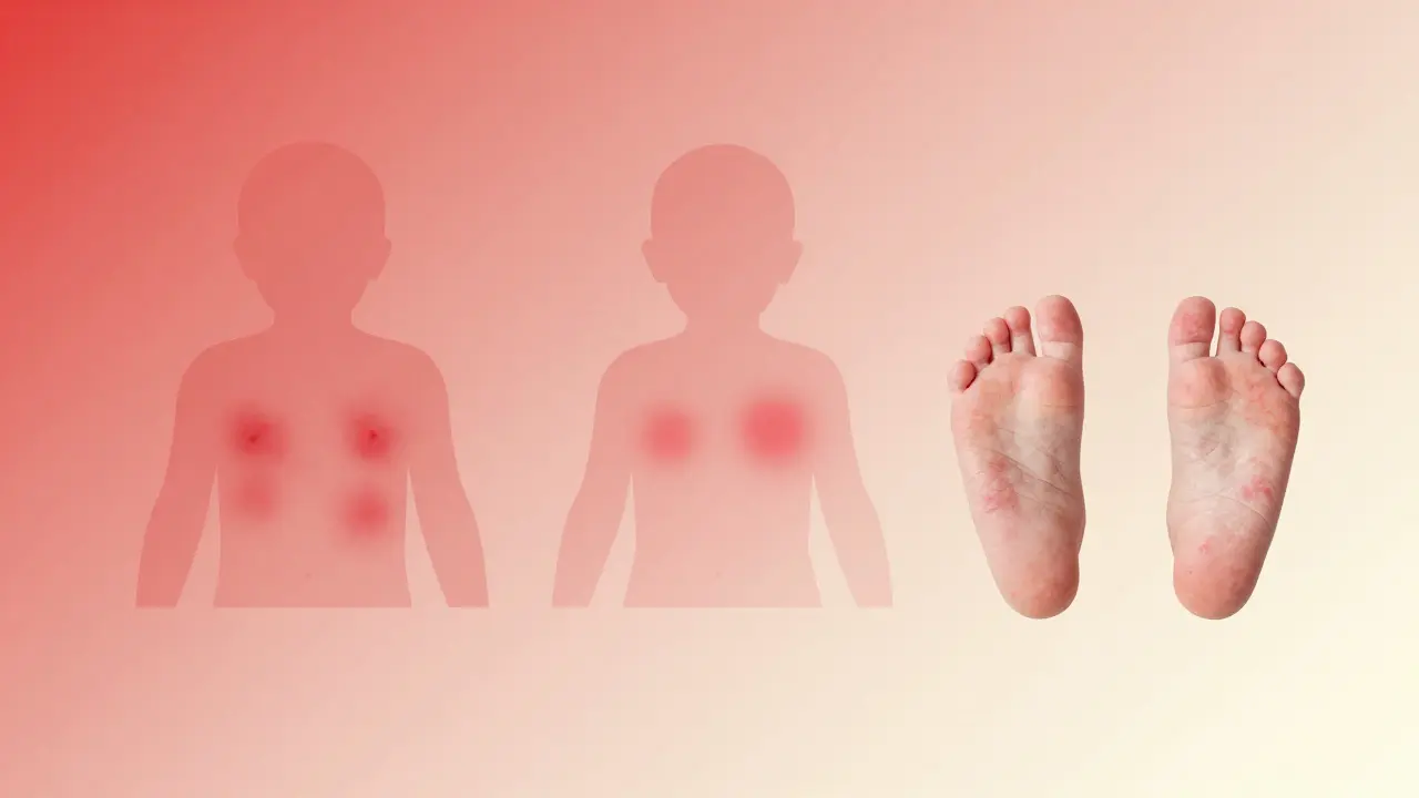 Krok za krokem uzdravení po spále: červená vyrážka → blednutí → odlupování kůže.