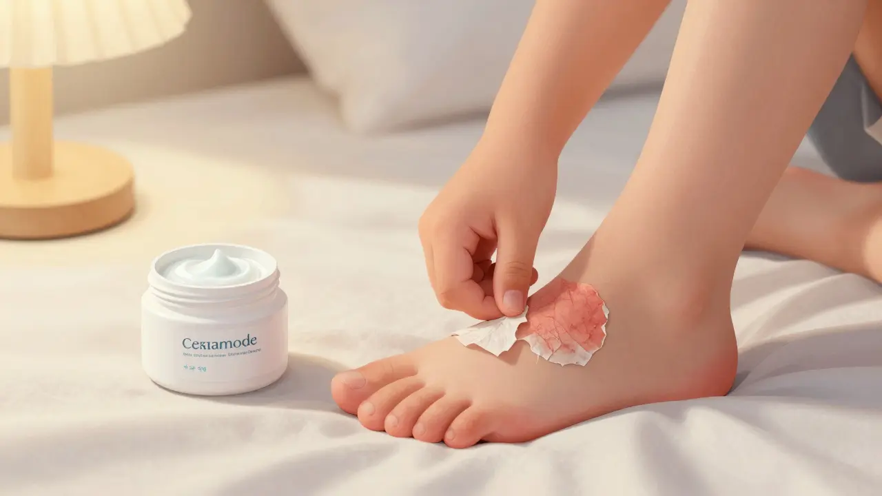 Kůže na rukou a nohou dítěte se odlupuje po spále, jemné šupinky, bez zranění.