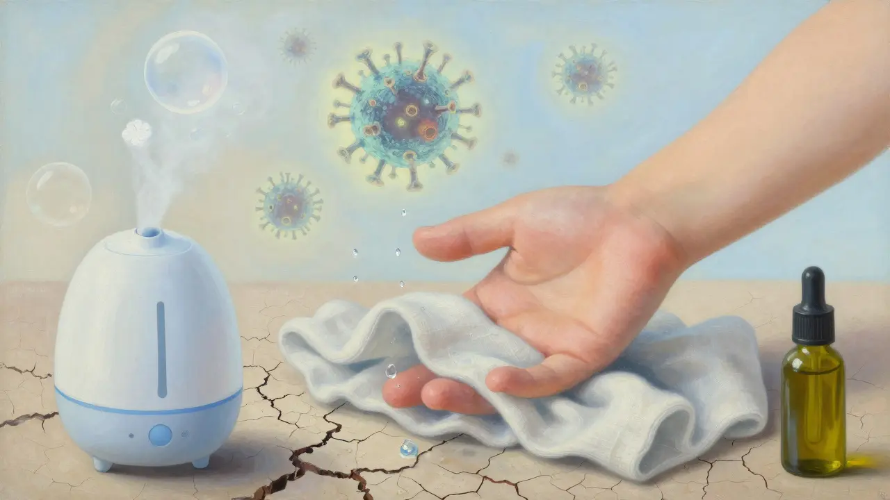 Kůže s vyrážkou je pokryta kapkami vody a lněnou látkou, symbolizující léčbu a prevenci, s jemnými prvky vlhkosti a hygieny.