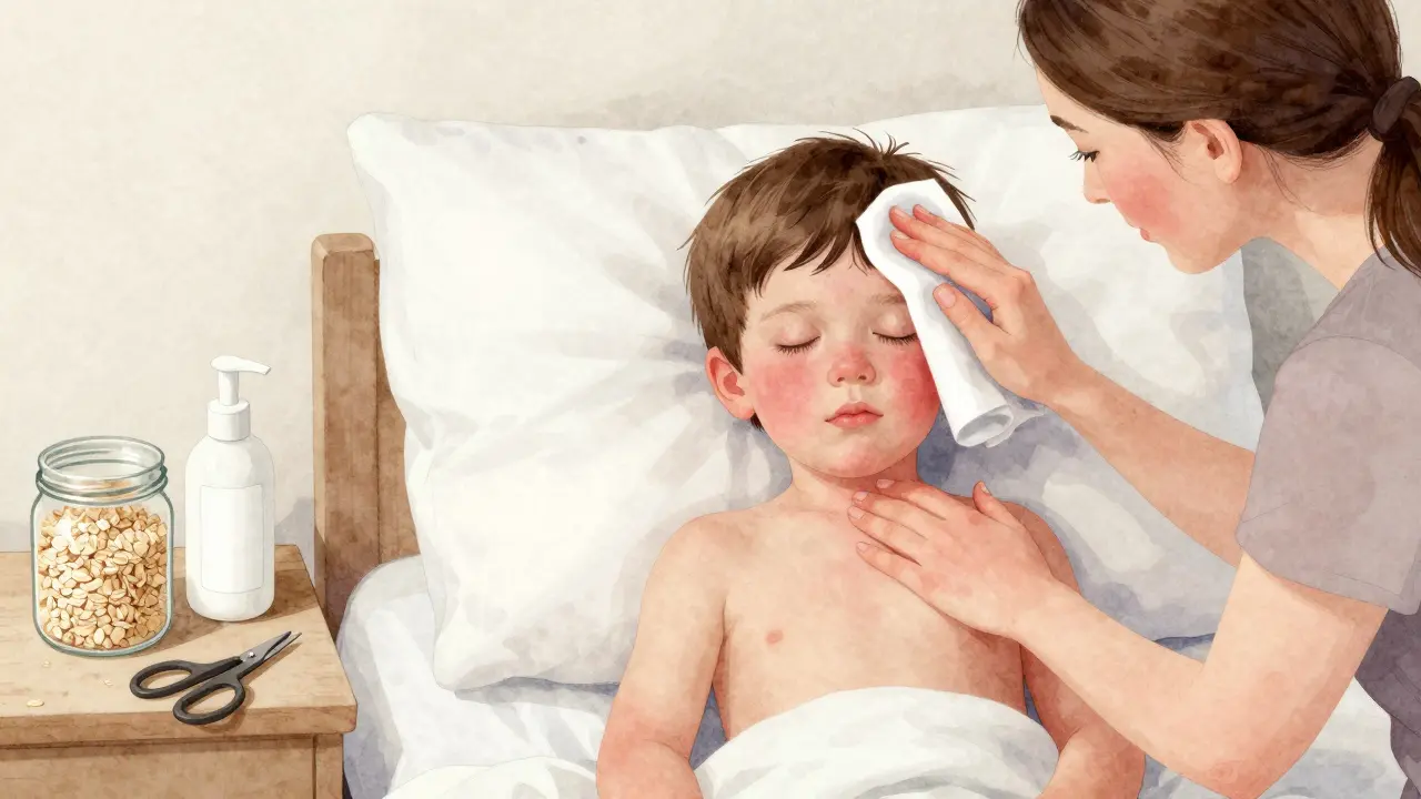 Matka aplikuje chladný kompres na čelo dítěte, na stole hydratační krém a ovesná mouka.