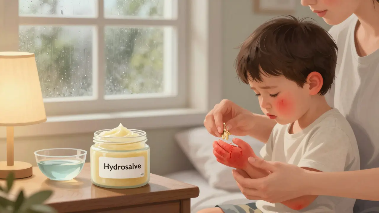 Matka aplikuje přirozený balsám na ruku svého dítěte s vyrážkou, v pozadí vlhčič a skleněná láhev s přírodními složkami.
