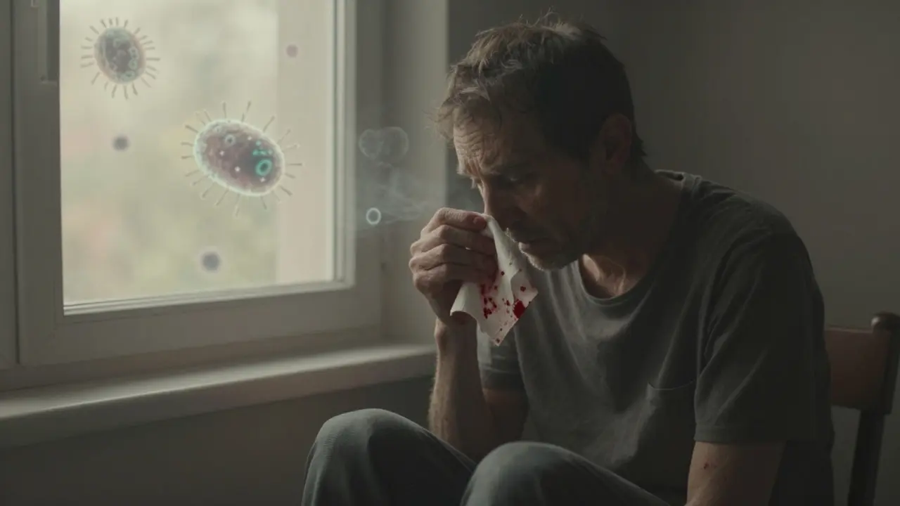 Osoba s příznaky tuberkulózy s krvavým kapesníkem a letícími bakteriemi ve vzduchu