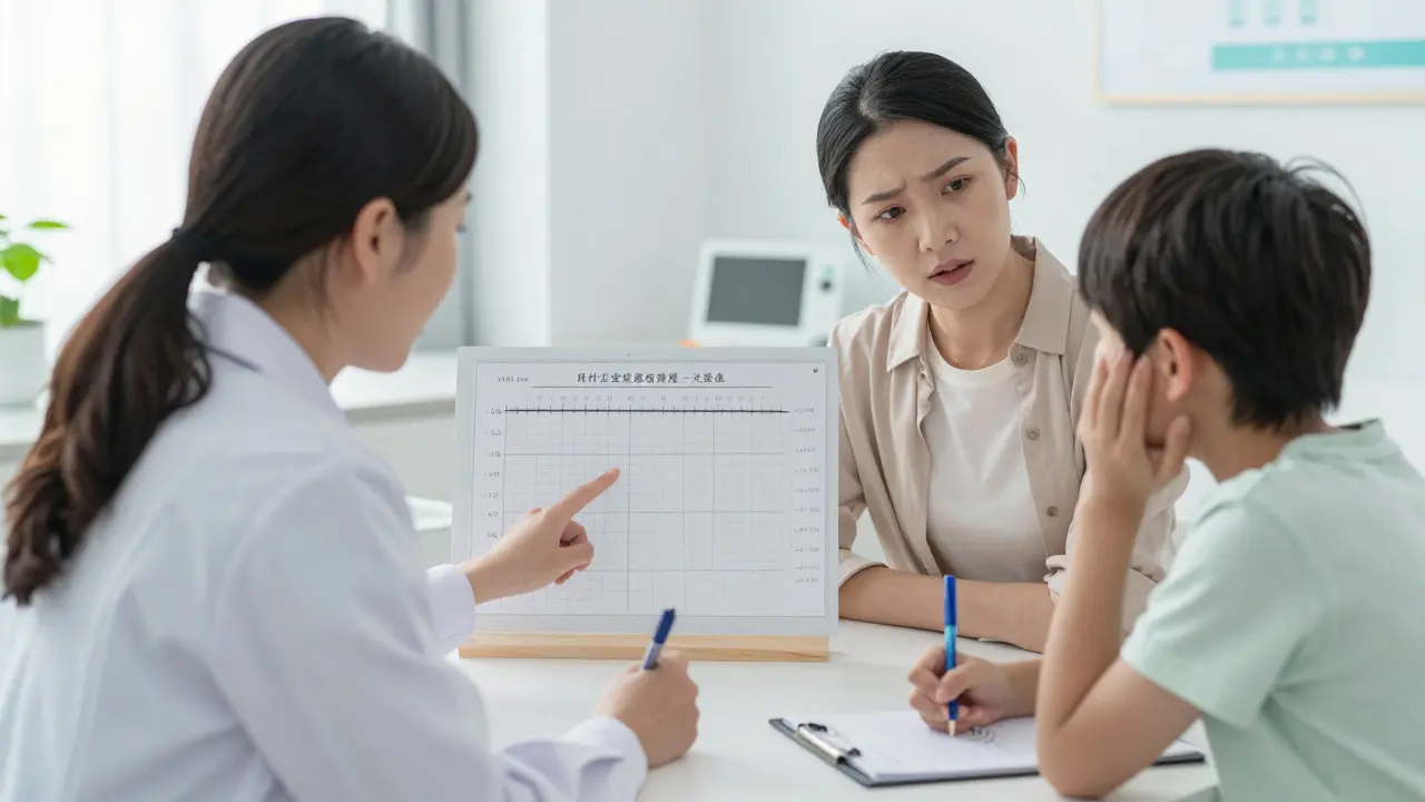 Pediatrka vysvětluje rodičům průběh třídenní horečky, dítě se v klidu hraje.