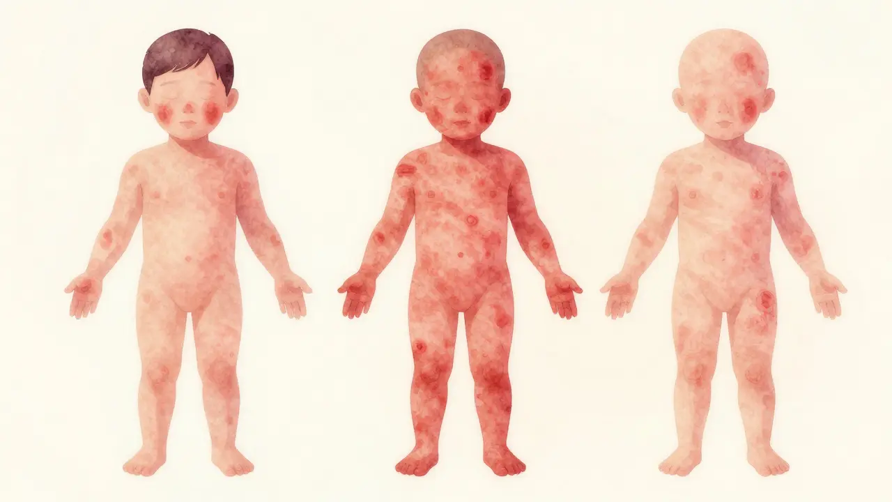 Postupné šíření vyrážky při zarděnkách od obličeje k nohám, ploché růžové skvrny na kůži.