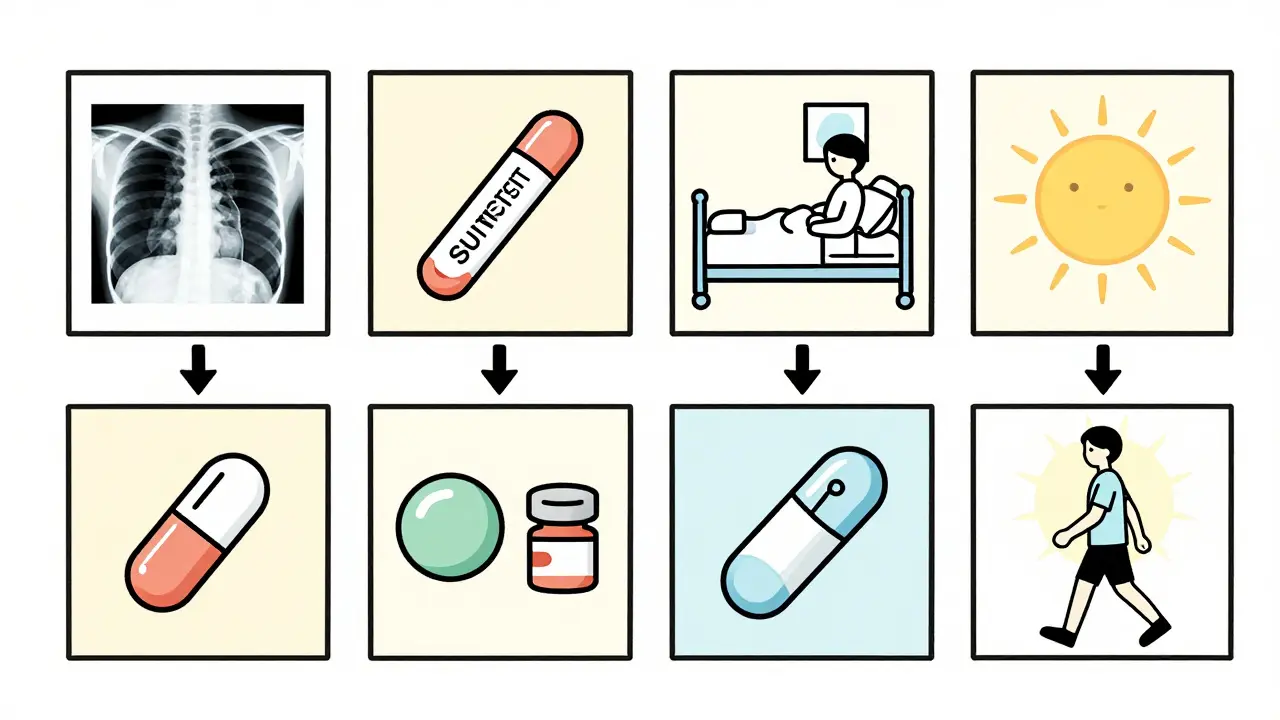 Průběh šestiměsíční léčby tuberkulózy od diagnózy k uzdravení