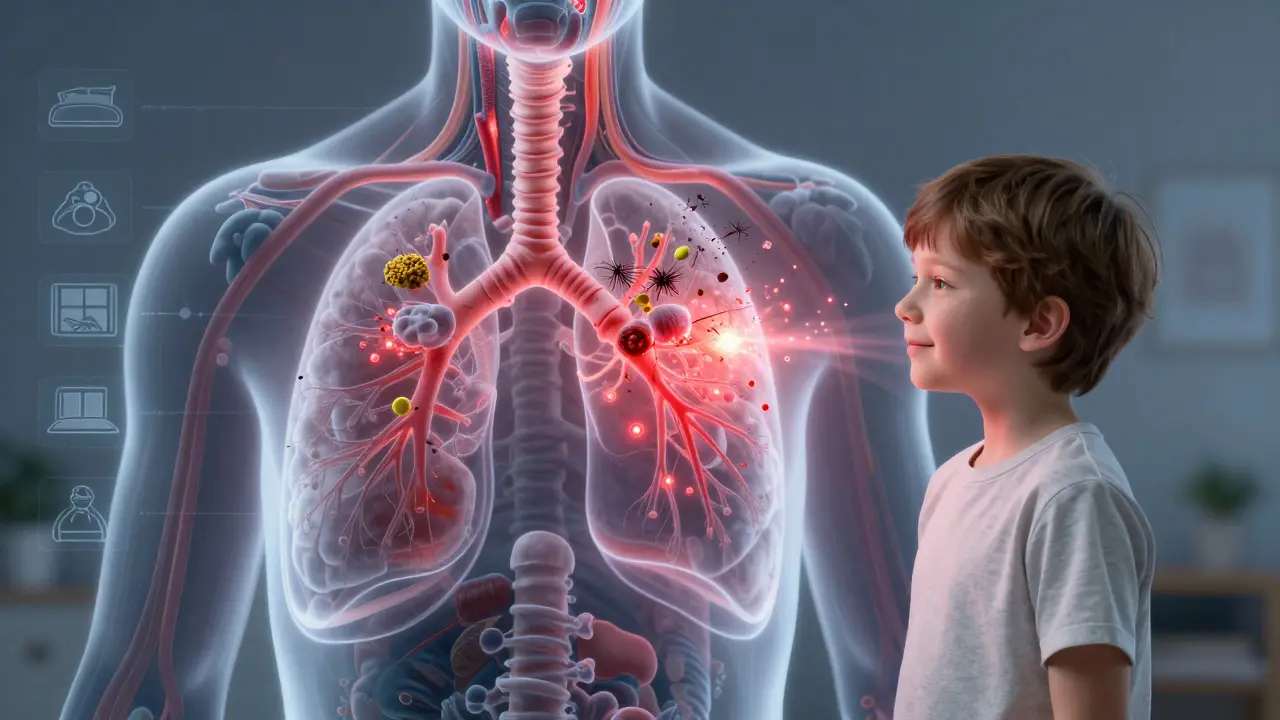 Průřez dýchacími cestami dítěte s alergény a zánětem, vedle něj stojí klidné dítě.