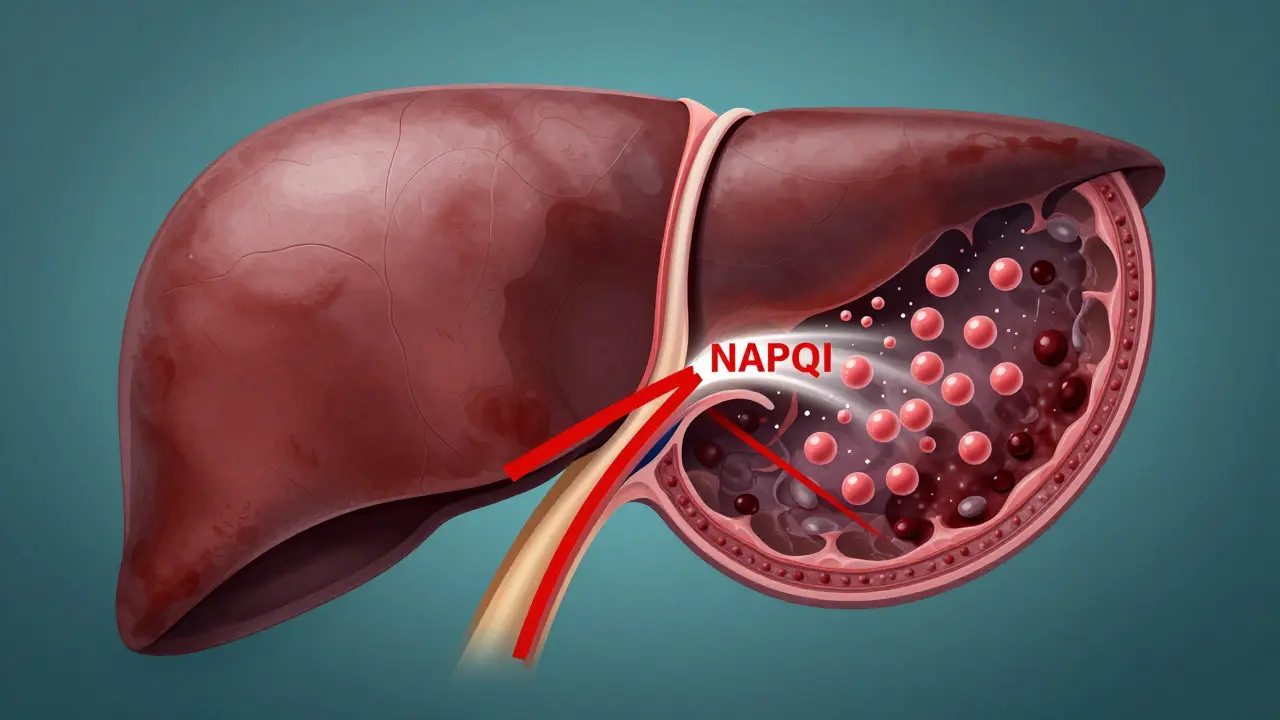 Průřez jaterem ukazující zdravou tkáň a toxické poškození způsobené předávkováním paracetamolem.