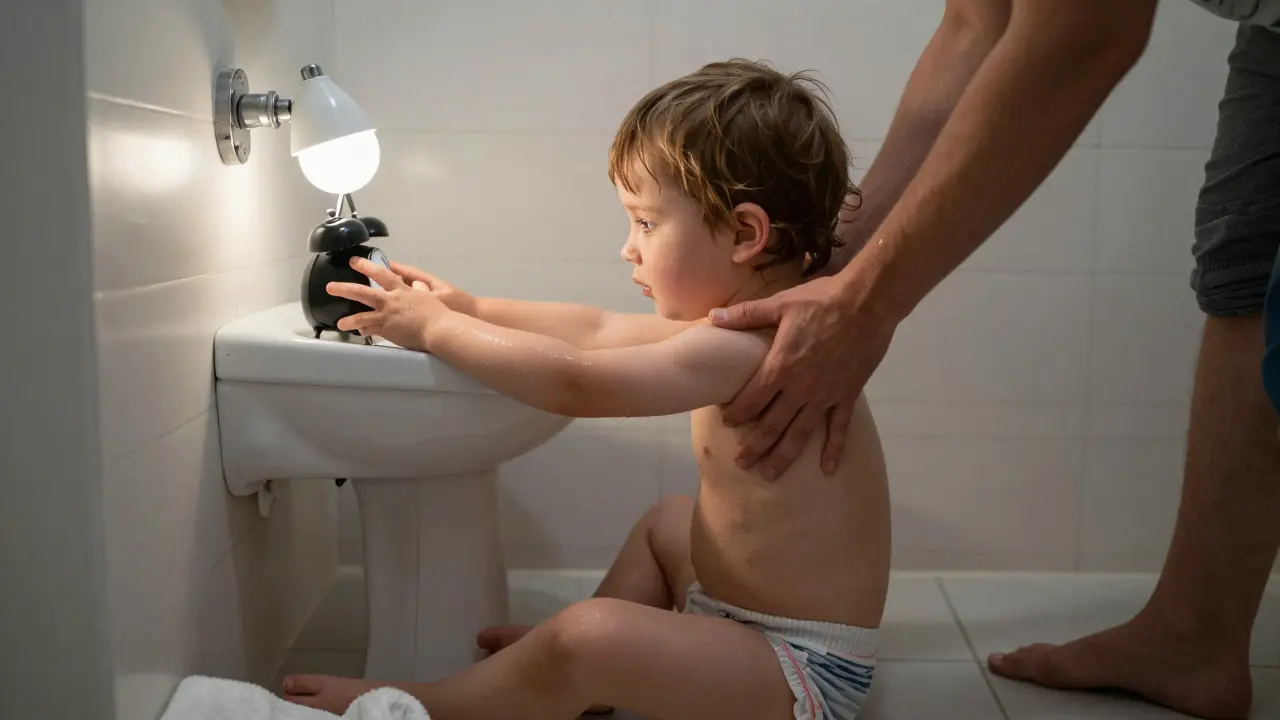 Rodič pomáhá dítěti jít do koupelny po aktivaci nočního alarmu.