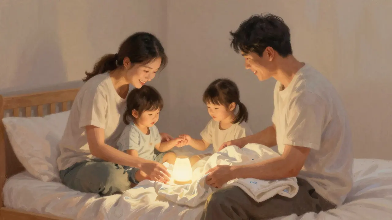 Rodiče pomáhají dítěti měnit postel, přičemž ho podržují za ruku a podporují ho.