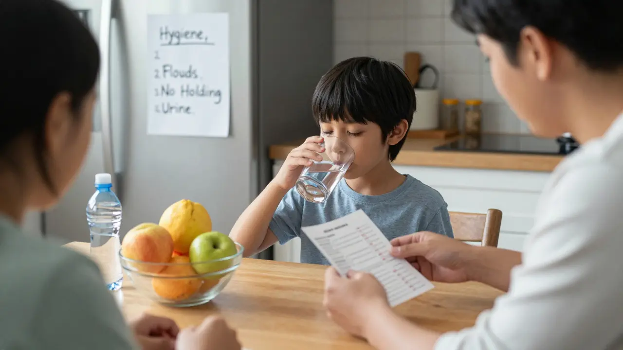 Rodina u stolu, dítě pije vodu, rodič si prohlíží výsledek močového testu na stole.