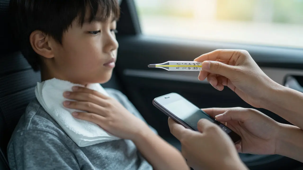 Ruce: termometr s 41,5 °C, vlhký hadr a telefon volající 155, pozadí auta a slunce.