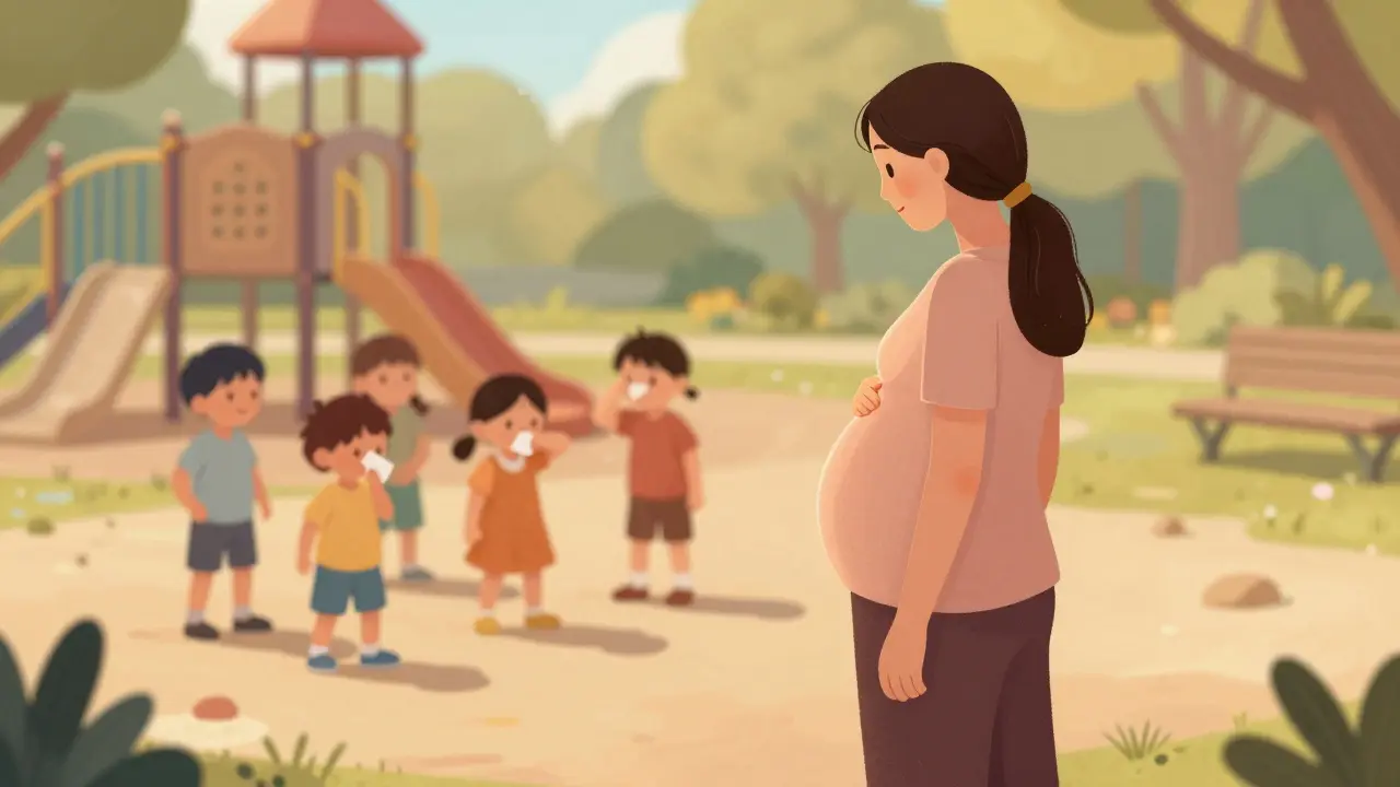 Těhotná žena pozoruje děti ve skupině, jedno z nich kýchá, symbolizující riziko infekce.