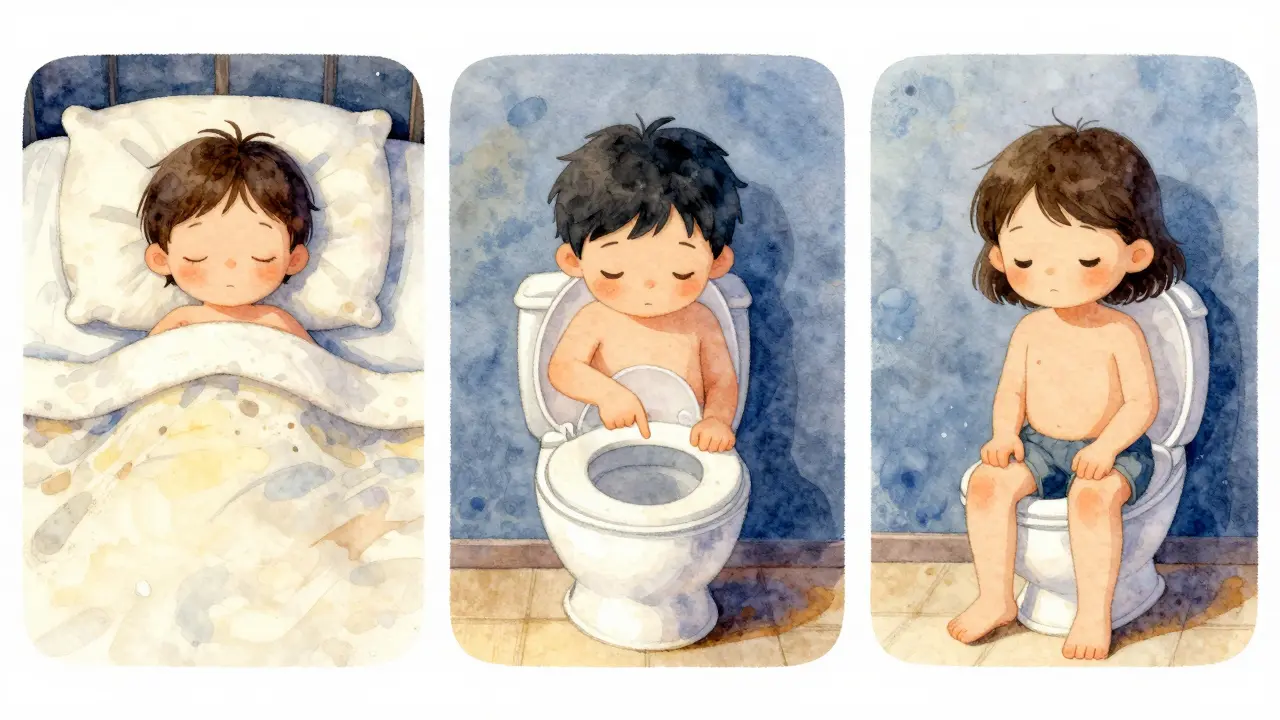 Tři scény ukazují dítě, jak se probouzí, cítí potřebu a sedá na nočník.