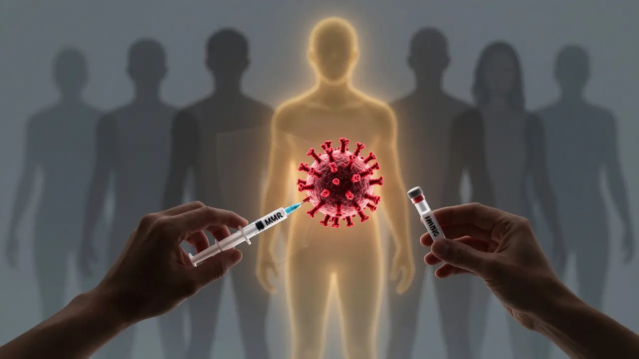 Virus mezi injekcí a krevní zkouškou, s obrysy lidí znázorňujícími imunitu a ohrožení.