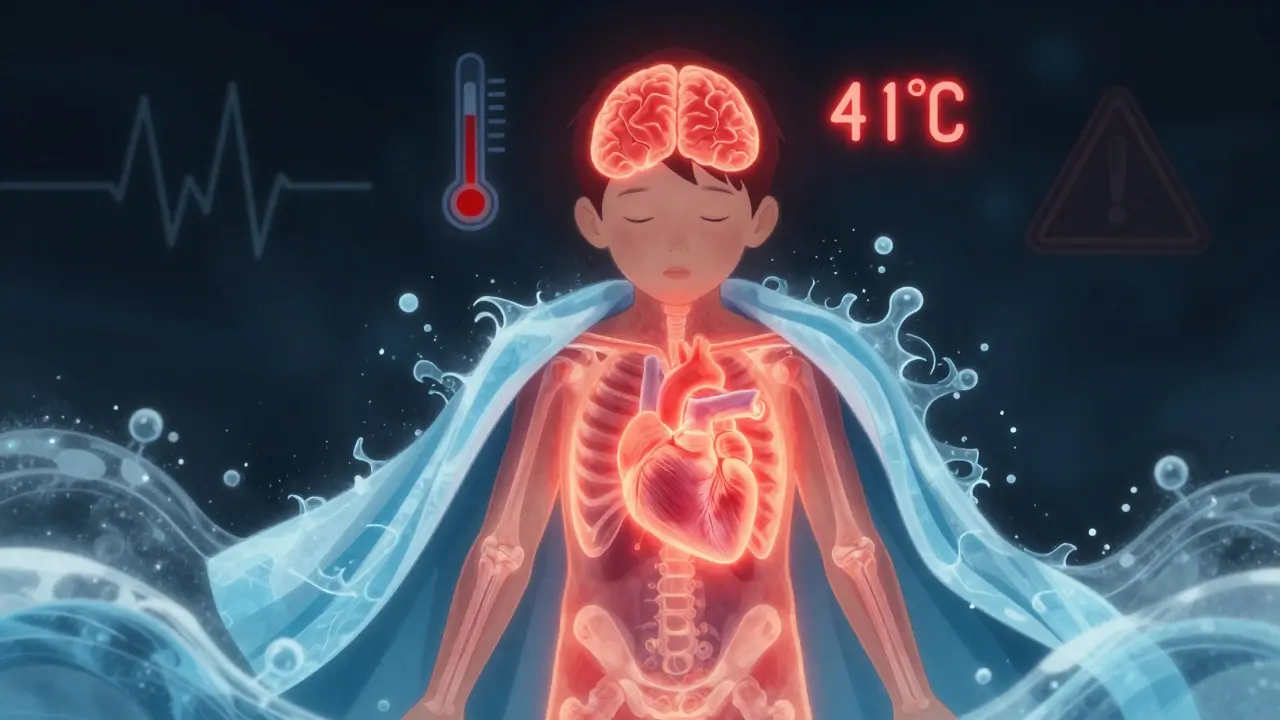 Vnitřní pohled na přehřáté mozkové a srdcové tkáně s chladícími vlnami, teplota 41 °C.