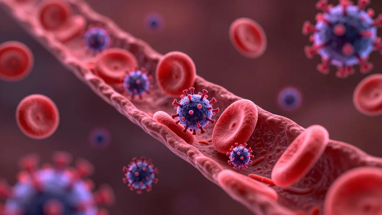 3D vizualizace Parvoviru B19 útočícího na červené krvinky.