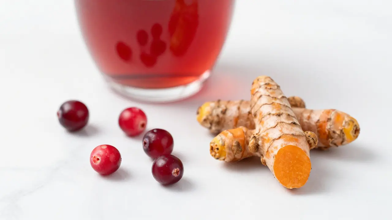 Čerstvé brusinky a kurkuma vedle sklenice brusinkového čaje.