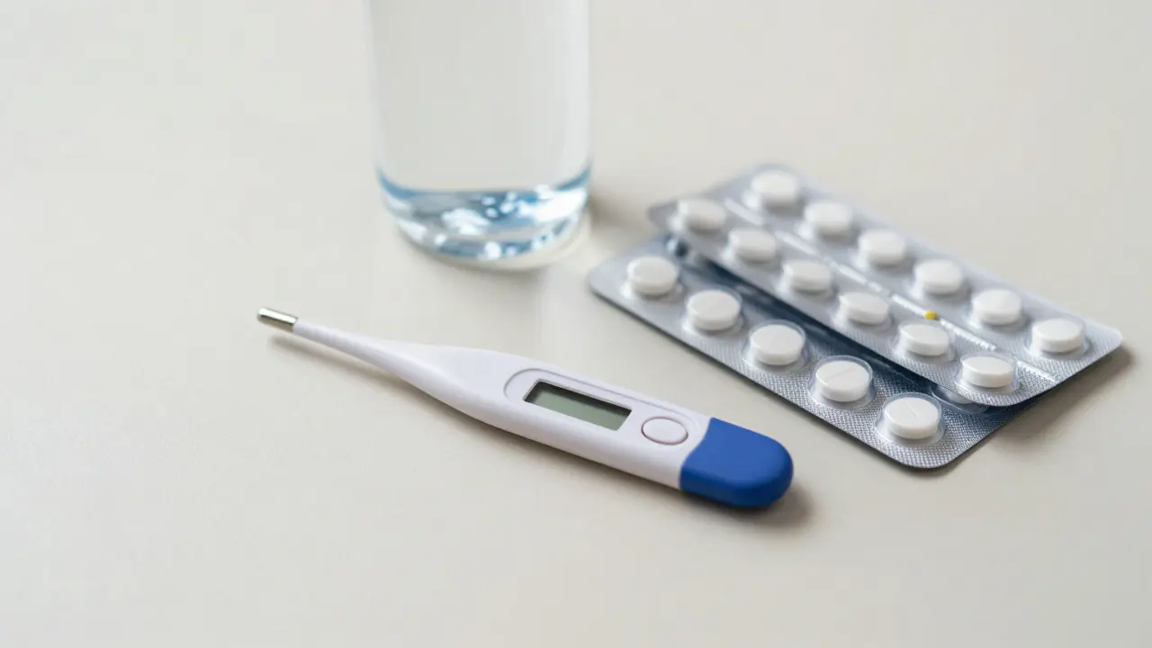 Digitální teploměr, voda a léky na stole v čistém, světlém prostředí.