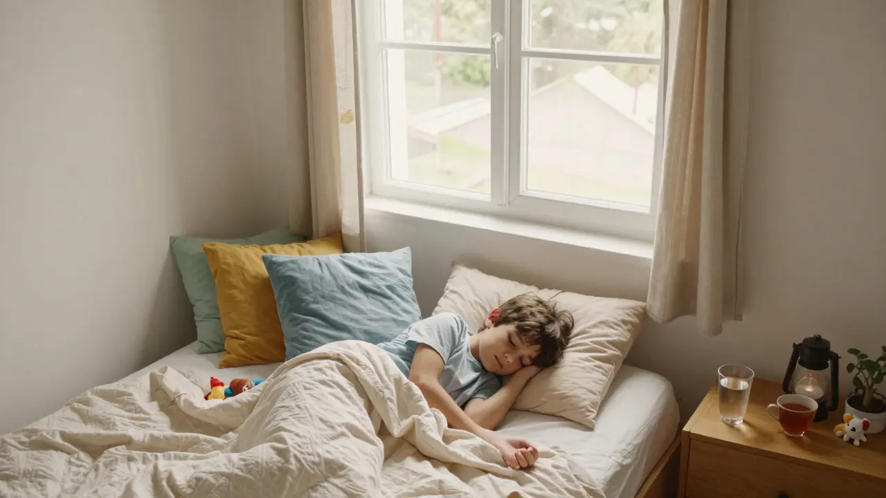 Dítě odpočívající v prosvětleném pokoji s otevřeným oknem během domácí izolace.