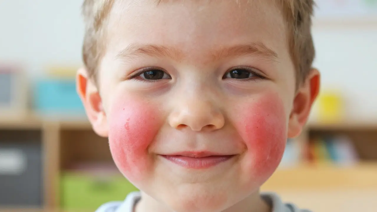 Dítě s typickými červenými tvářemi charakteristickými pro sedmou nemoc.