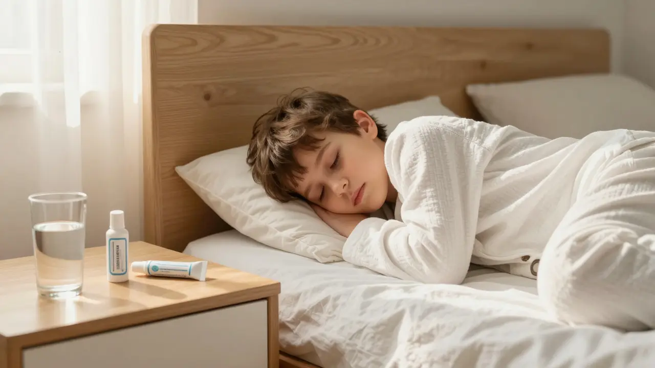 Dítě v bavlněném oblečení odpočívající v posteli během léčby neštovic.