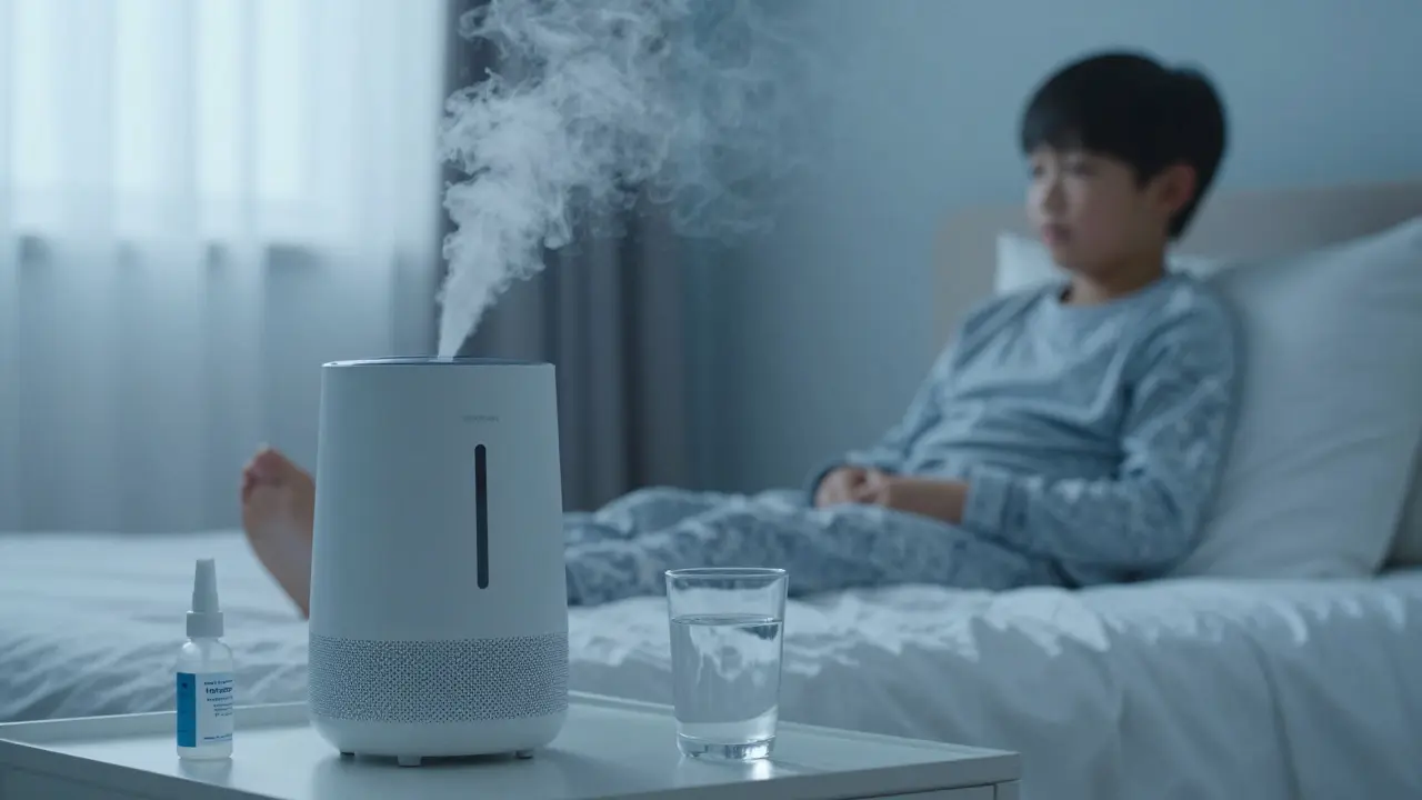 Dítě v pokoji se zvlhčovačem vzduchu a nosním sprejem na nočním stolku.