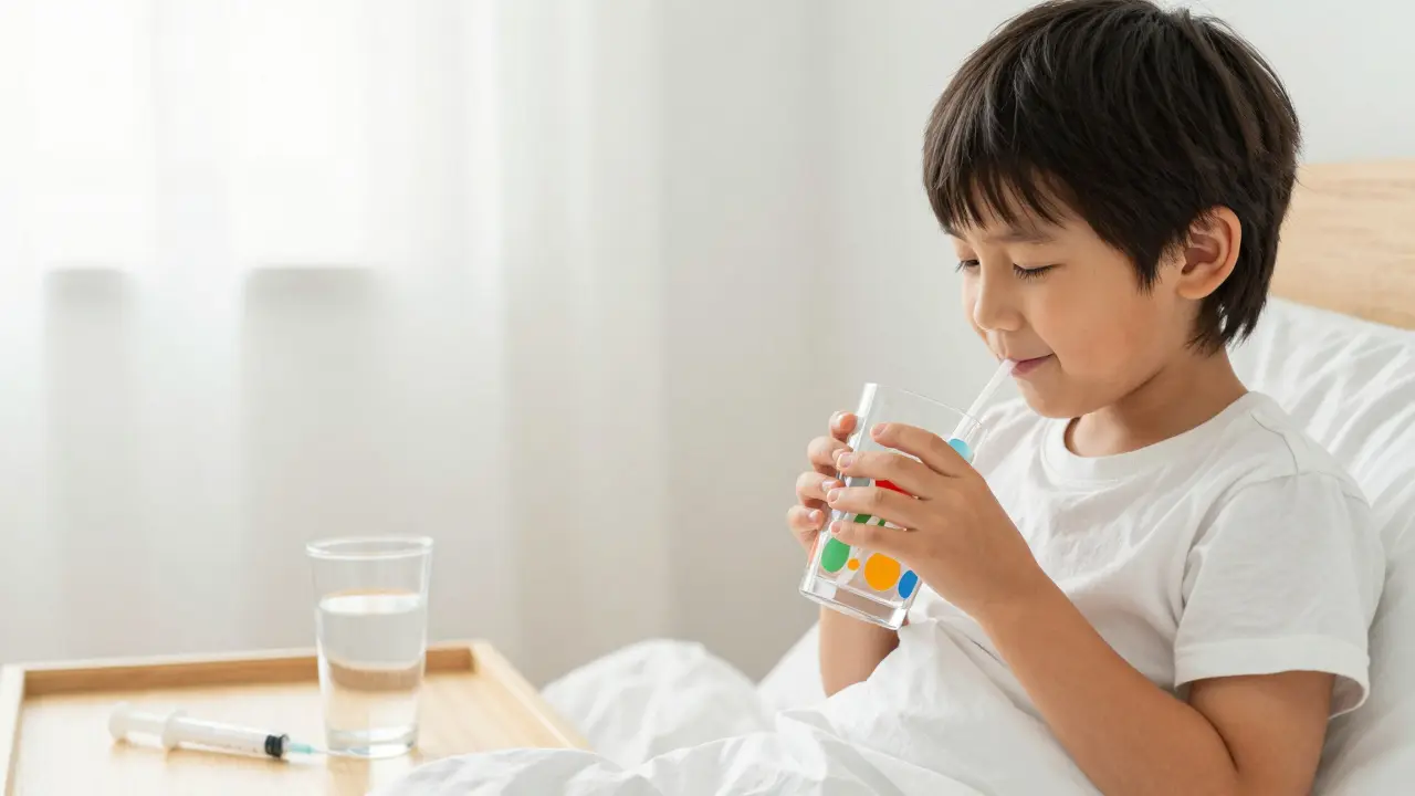 Dítě v posteli pije vodu z hrnečku během zotravení z horečky.