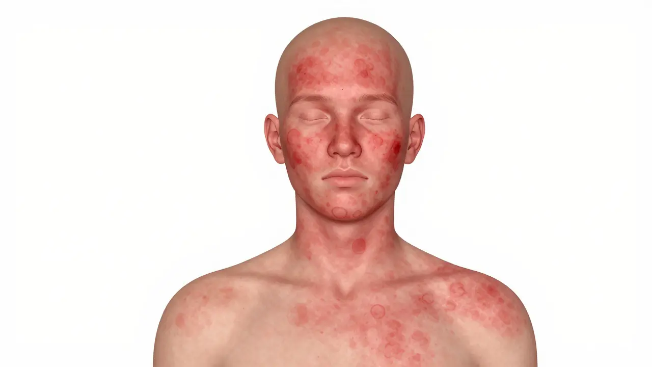 Ilustrace šíření červeného sýru spalniček po těle.