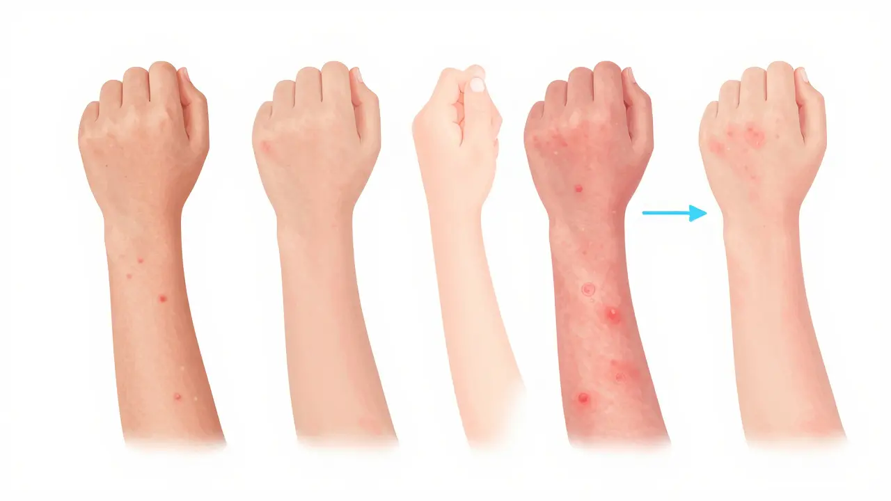 Ilustrace vývoje puchýřků při vrličkách na dětské kůži.