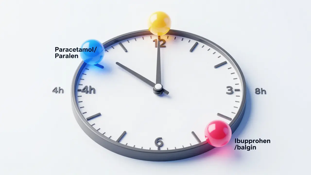 Koncepční znázornění časového schématu střídání dvou různých léků proti horečce.