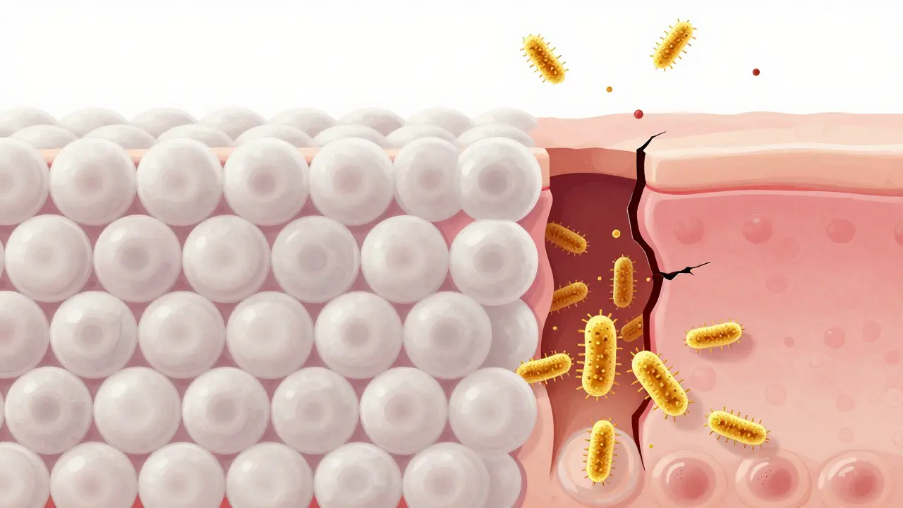 Konceptuální ilustrace bakterií pronikajících skrze prasklinu v kožní bariéře.