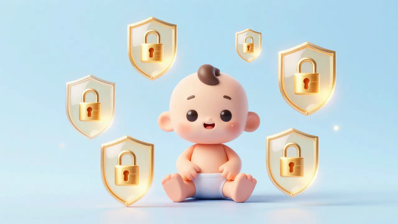 Konceptuální ilustrace dítěte chráněného šesti zlatými štíty imunity.