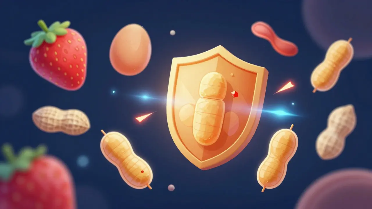 Konceptuální ilustrace imunitní reakce na potravinové alergeny.