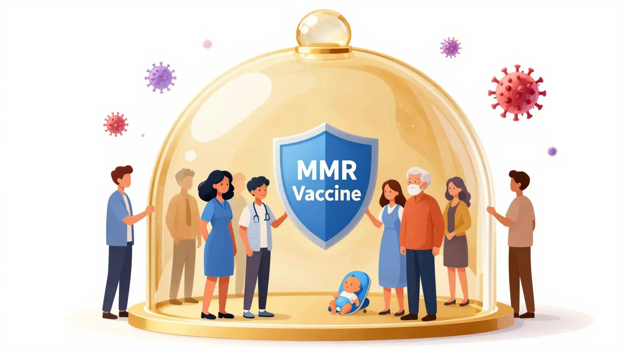 Konceptuální ilustrace ochranného štítu vakcinace chránící zranitelné lidi před viry.