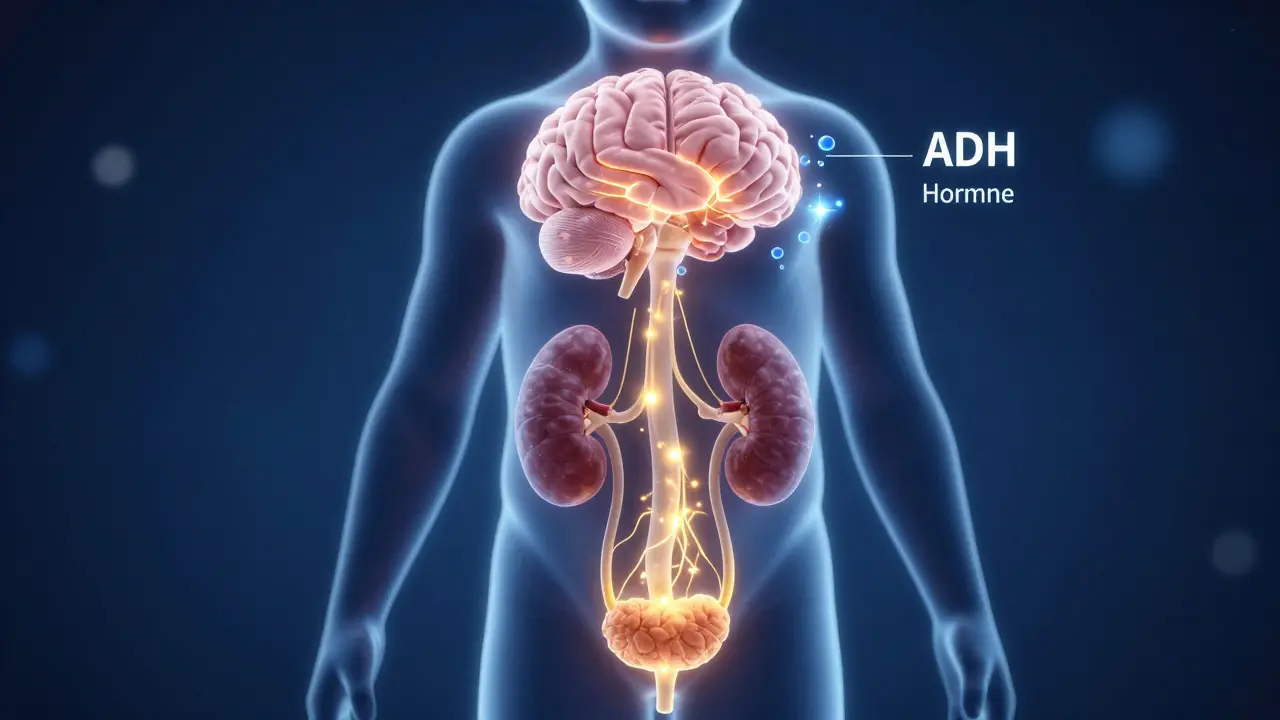 Konceptuální ilustrace spojení mezi mozkem a močovým měchýřem u dítěte.