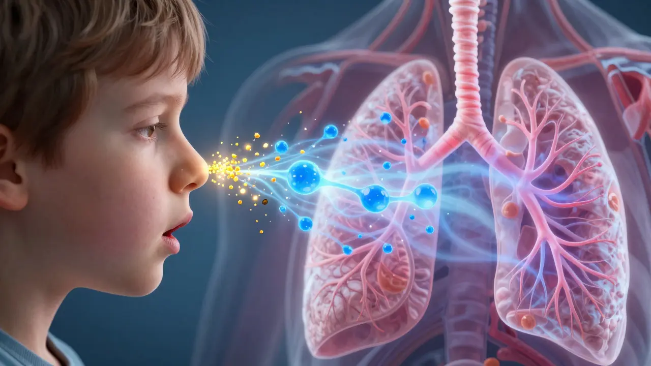 Konceptuální ilustrace vlivu pylových alergenů na dýchací cesty dítěte.