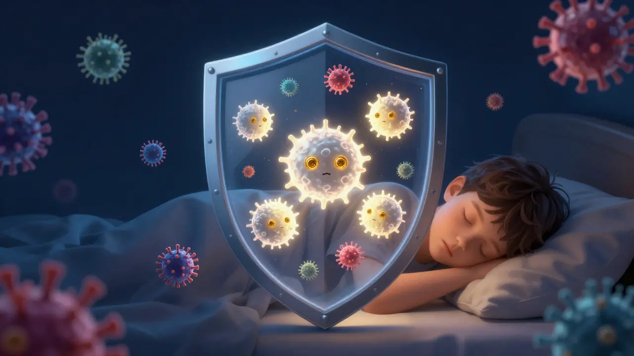 Konceptuální obraz imunitního systému chránící spící dítě.