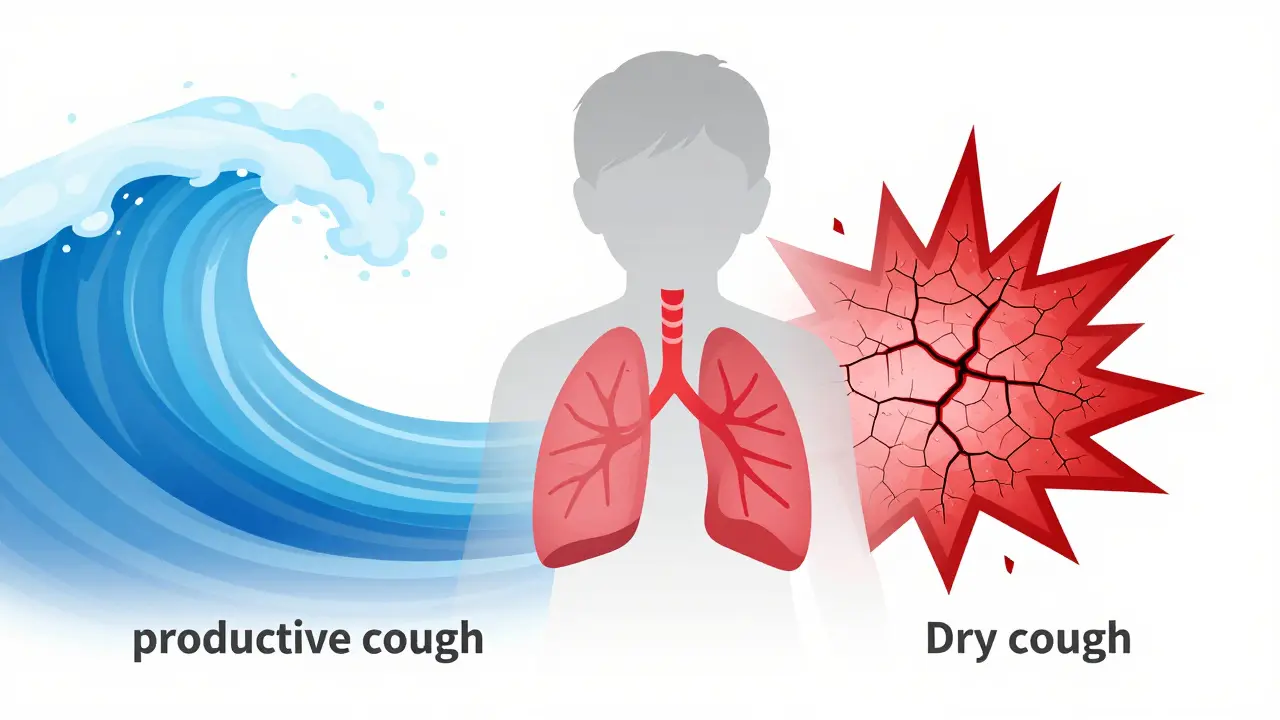 Konceptuální znázornění rozdílu mezi produktivním a suchým kašlem.