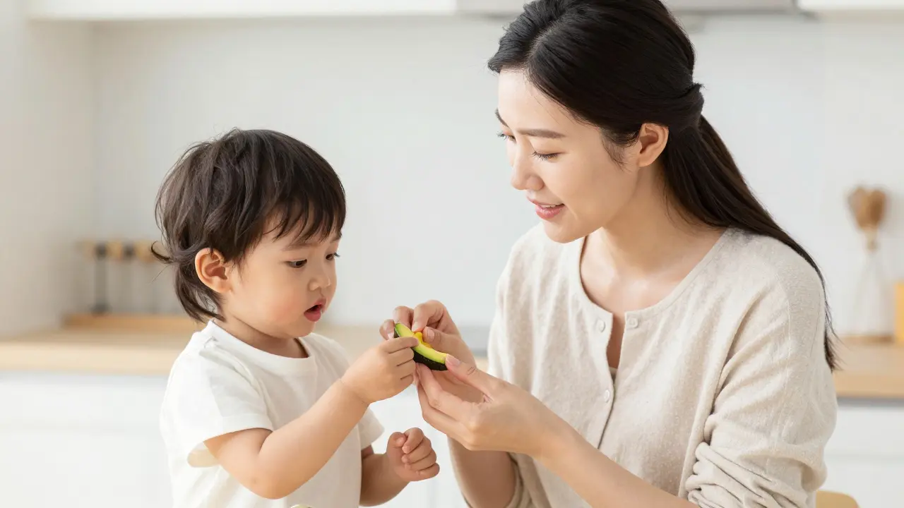Matka opatrně podává dítěti malý kousek nové potraviny v kuchyni.