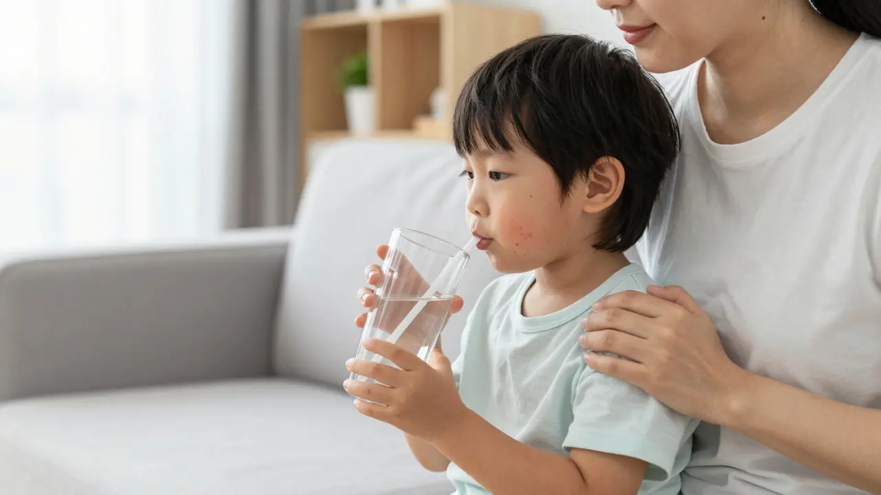 Matka podává vodu dítěti s mírnou sypkou na tváři.