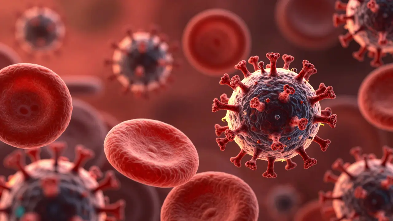 Mikroskopická ilustrace Parvoviru B19 a červených krvinek v krvi.