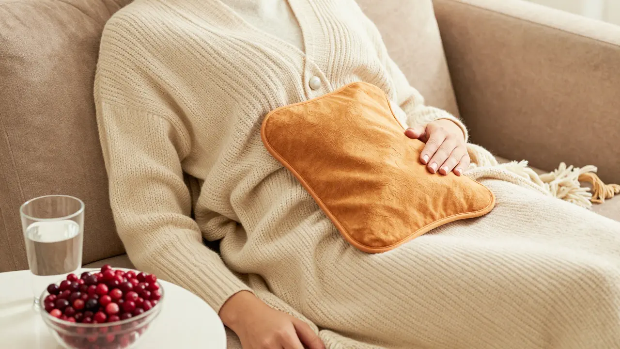 Osoba odpočívající na pohovce s hřejivým polštářkem na břiše a miskou brusinek.