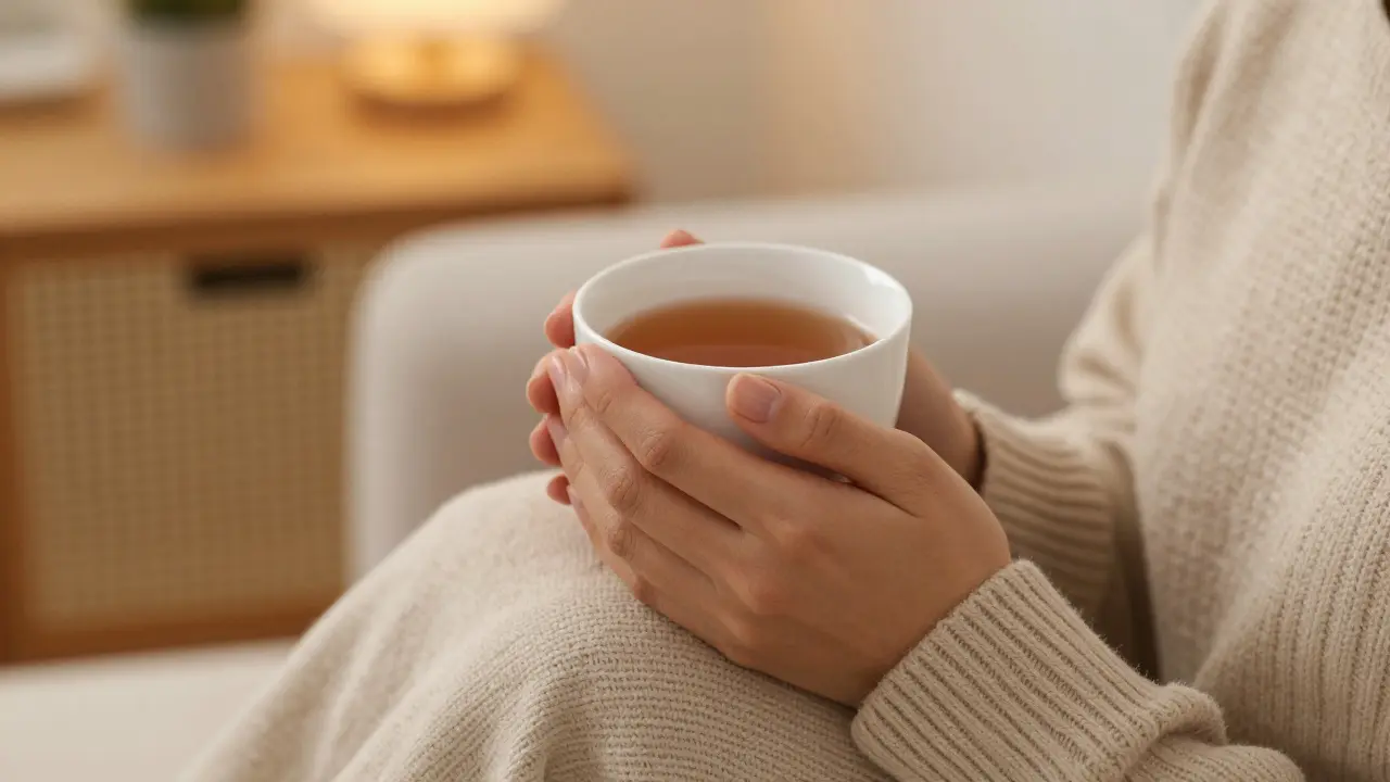 Osoba v teplém svetru drží v dlaních hrnek s léčivým čajem.