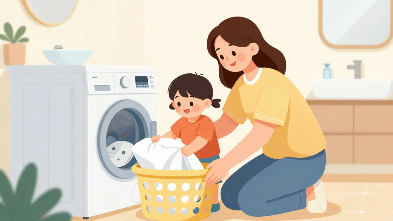 Rodič a dítě společně a s úsměvem dávají povlečení do pračky.
