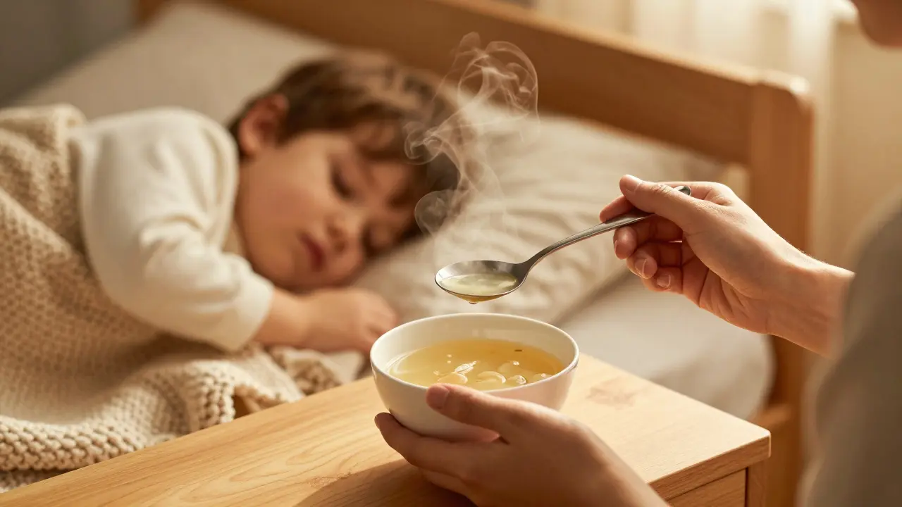 Rodič krmí nemocné dítě lehkým kuřecím vývarem v posteli.