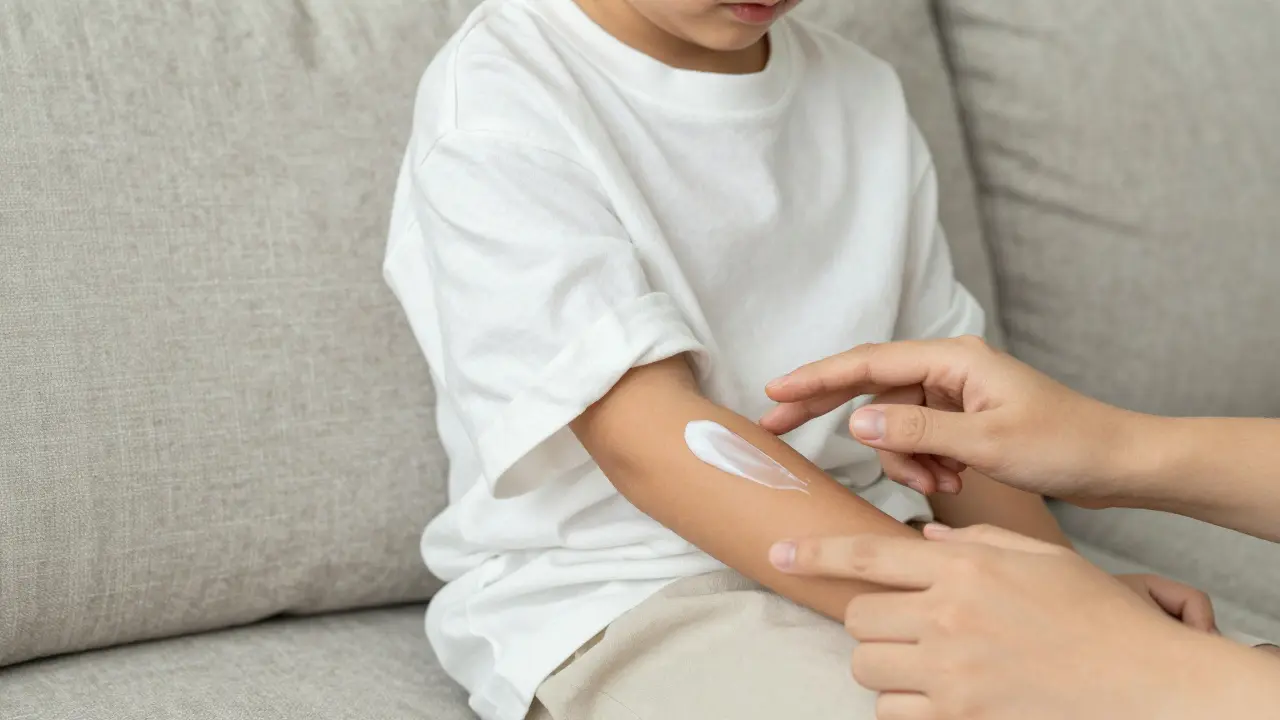 Rodič nanáší zklidňující krém na kůži dítěte v bavlněném oblečení.